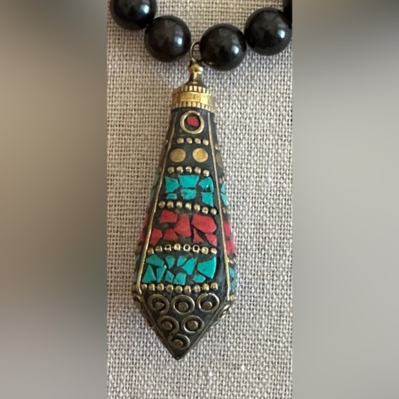 24 inch Tibetan Brass Inlaid bead necklace NWOT - Picture 2 of 13
